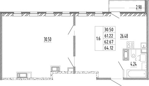 Квартира 62,3 м², 1-комнатная - изображение 1