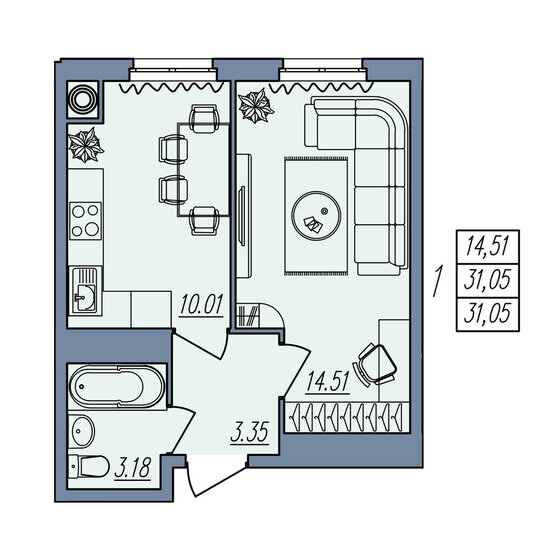 31,1 м², 1-комнатная квартира 3 011 850 ₽ - изображение 1