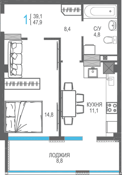 47,9 м², 1-комнатная квартира 5 508 500 ₽ - изображение 1