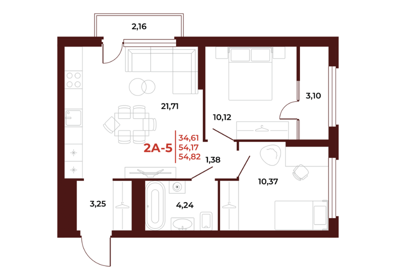 54,8 м², 2-комнатная квартира 6 304 300 ₽ - изображение 1