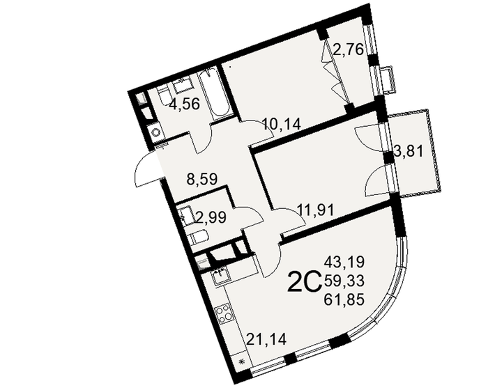 61,9 м², 2-комнатная квартира 9 896 000 ₽ - изображение 1
