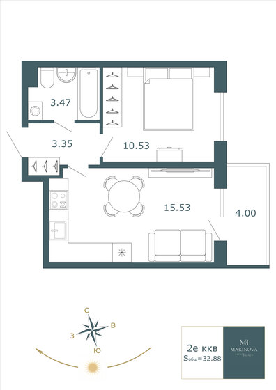 32,9 м², 1-комнатная квартира 7 200 000 ₽ - изображение 1