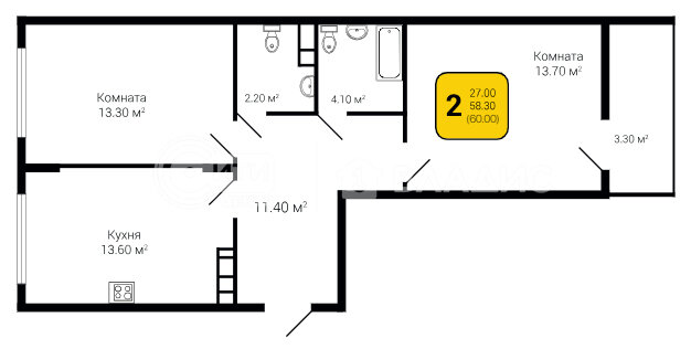 60 м², 2-комнатная квартира 7 285 000 ₽ - изображение 26