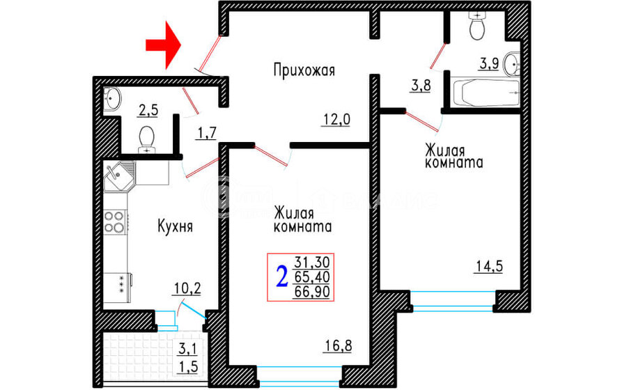 66,9 м², 2-комнатная квартира 5 067 500 ₽ - изображение 17