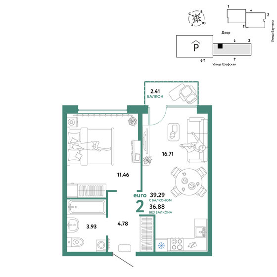 39,3 м², 2-комнатная квартира 6 690 000 ₽ - изображение 1