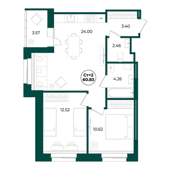 60,8 м², 2-комнатная квартира 7 490 000 ₽ - изображение 1