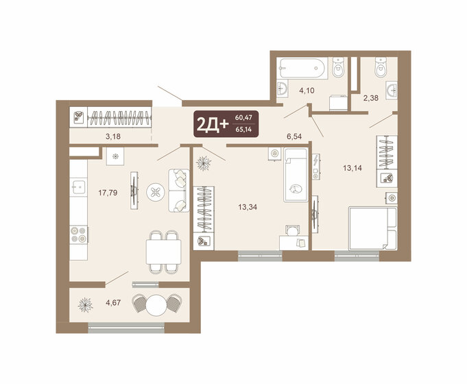 65,1 м², 2-комнатная квартира 6 278 190 ₽ - изображение 1