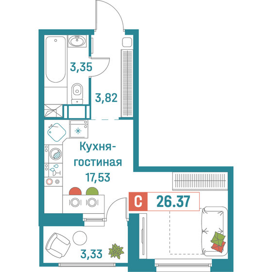 26,4 м², квартира-студия 5 529 789 ₽ - изображение 31