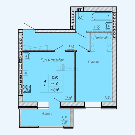 51,7 м², 1-комнатная квартира 5 000 000 ₽ - изображение 1