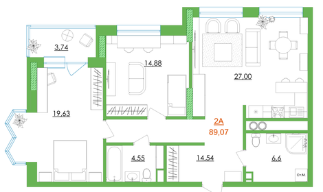 Квартира 89,1 м², 2-комнатная - изображение 1