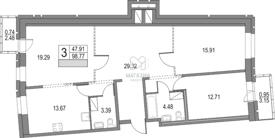 Квартира 100,5 м², 3-комнатная - изображение 1