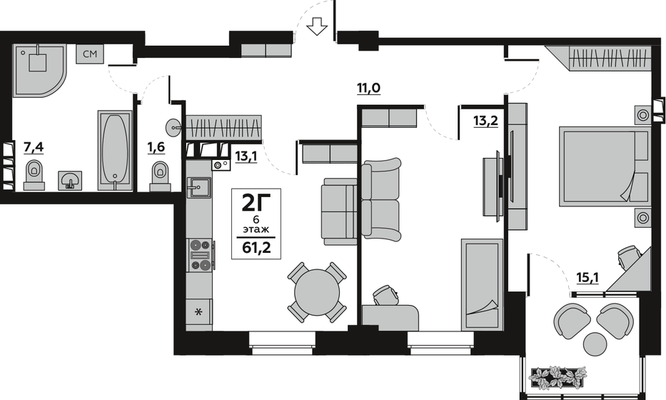 61,8 м², 2-комнатная квартира 7 200 000 ₽ - изображение 1