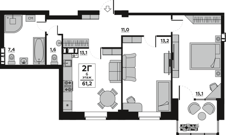 Квартира 61,8 м², 2-комнатная - изображение 1