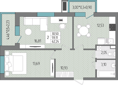 61,2 м², 3-комнатная квартира 5 700 000 ₽ - изображение 70