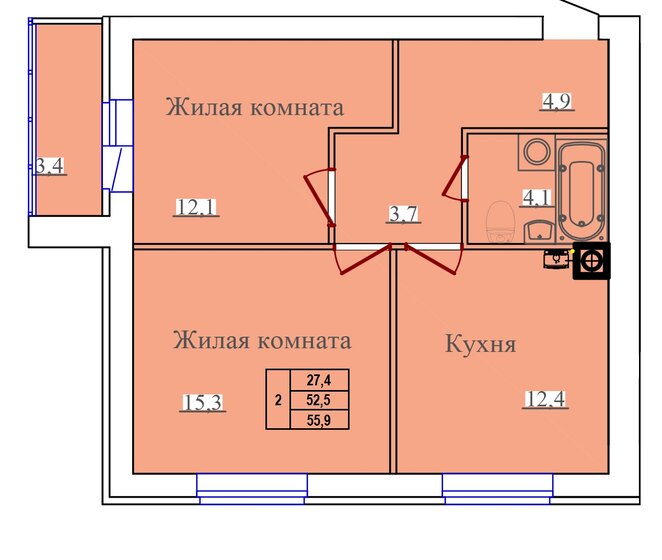 55,9 м², 2-комнатная квартира 5 590 000 ₽ - изображение 1