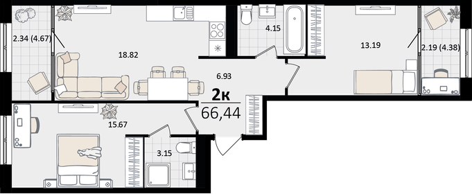 Квартира 66,4 м², 2-комнатная - изображение 1