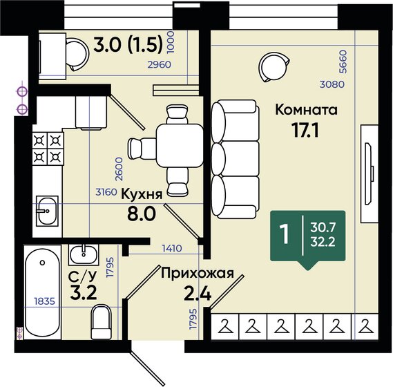 32,2 м², 1-комнатная квартира 3 542 000 ₽ - изображение 1