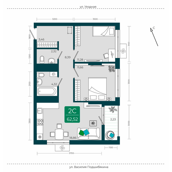 62,5 м², 2-комнатная квартира 8 000 000 ₽ - изображение 1