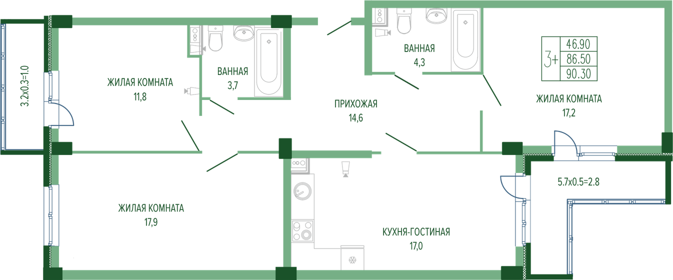 90,3 м², 3-комнатная квартира 20 461 980 ₽ - изображение 1