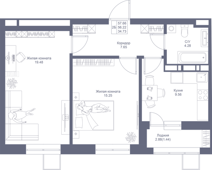 57,7 м², 2-комнатная квартира 11 647 320 ₽ - изображение 1