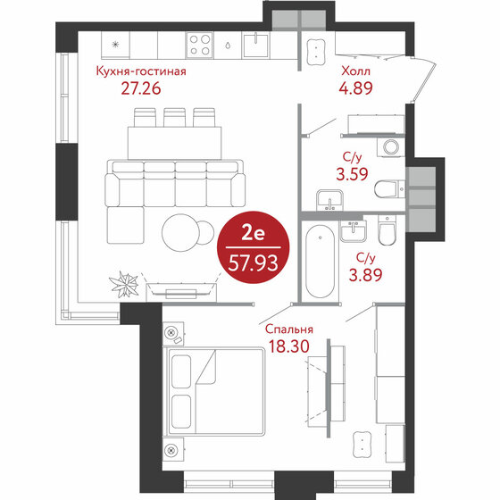 57,9 м², 2-комнатная квартира 18 206 900 ₽ - изображение 1
