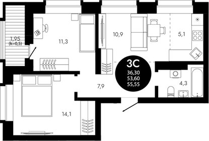 Квартира 56 м², 2-комнатная - изображение 1