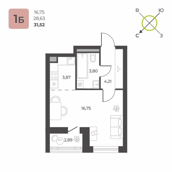 30,1 м², 1-комнатная квартира 4 430 000 ₽ - изображение 1