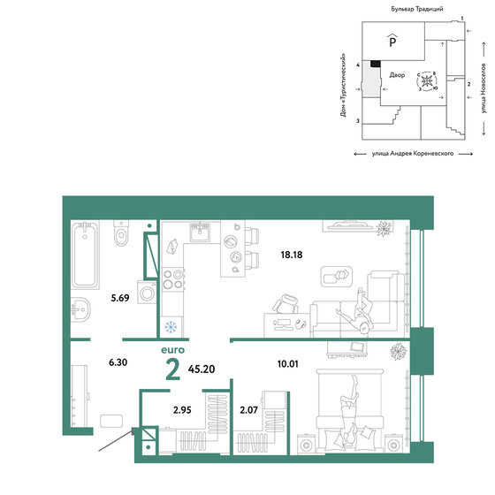 45,2 м², 2-комнатная квартира 6 490 000 ₽ - изображение 1