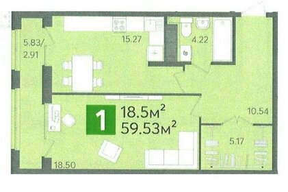 Квартира 59,5 м², 1-комнатная - изображение 1