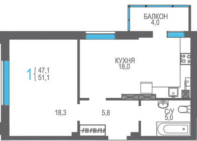 Квартира 51,1 м², 1-комнатная - изображение 1