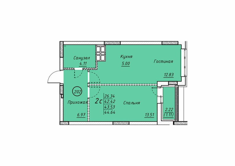 44,6 м², квартира-студия 5 230 000 ₽ - изображение 1