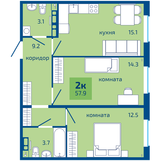 57,9 м², 2-комнатная квартира 5 440 000 ₽ - изображение 1