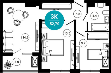 Квартира 52,7 м², 3-комнатные - изображение 1