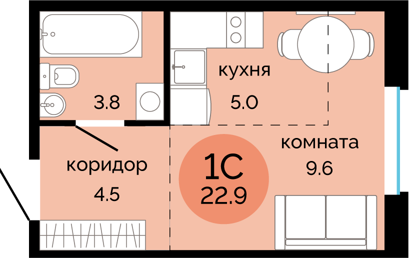 22,9 м², квартира-студия 3 240 000 ₽ - изображение 1