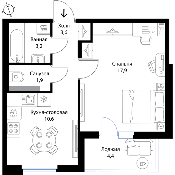 39,4 м², 1-комнатная квартира 6 835 900 ₽ - изображение 1