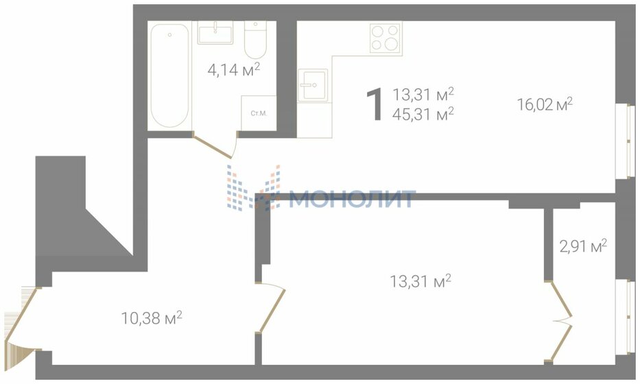 45,3 м², 1-комнатная квартира 8 699 520 ₽ - изображение 1