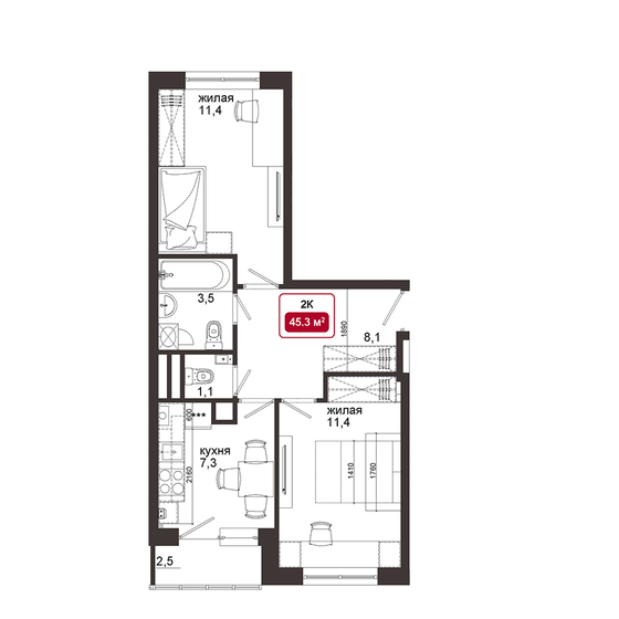 45 м², 2-комнатная квартира 11 046 000 ₽ - изображение 1