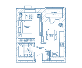 Квартира 37,2 м², 1-комнатная - изображение 1