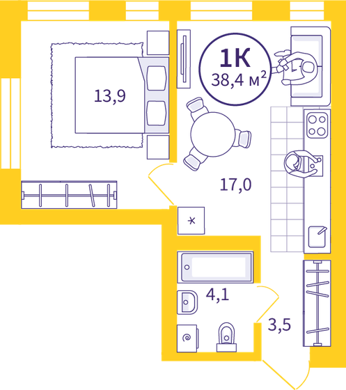 38,4 м², 1-комнатная квартира 6 340 000 ₽ - изображение 1