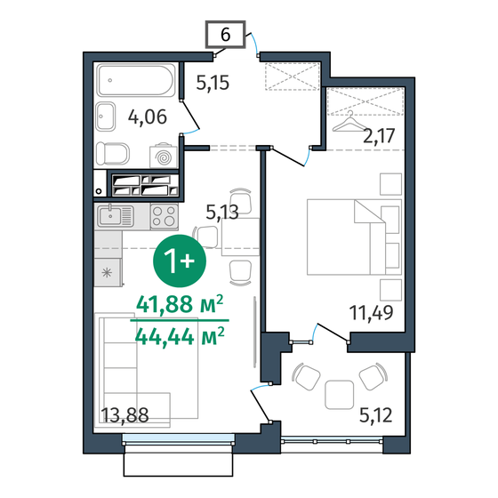 41,9 м², 1-комнатная квартира 7 072 000 ₽ - изображение 1
