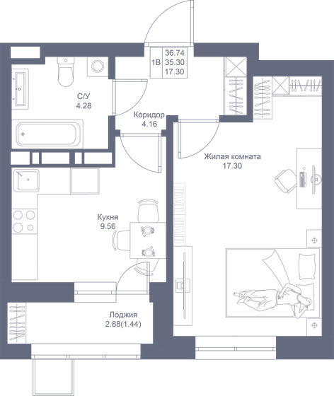 36,7 м², 1-комнатная квартира 8 964 560 ₽ - изображение 1