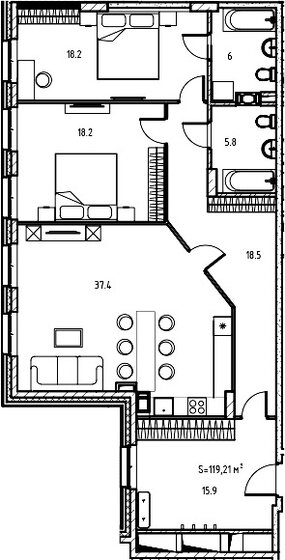 119 м², 2-комнатная квартира 51 460 000 ₽ - изображение 1