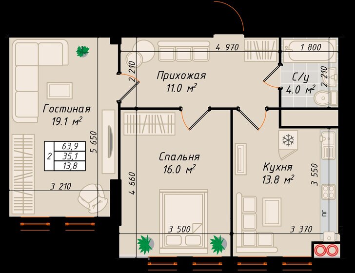 63,9 м², 2-комнатная квартира 5 814 900 ₽ - изображение 1