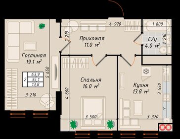 Квартира 63,9 м², 2-комнатная - изображение 1