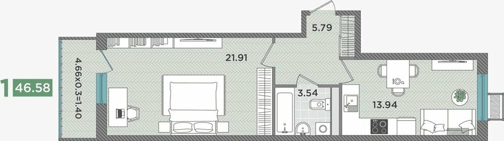 Квартира 46,6 м², 1-комнатная - изображение 1