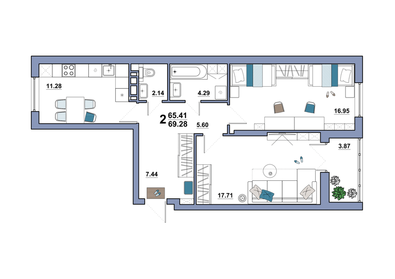 69,3 м², 2-комнатная квартира 5 483 120 ₽ - изображение 1