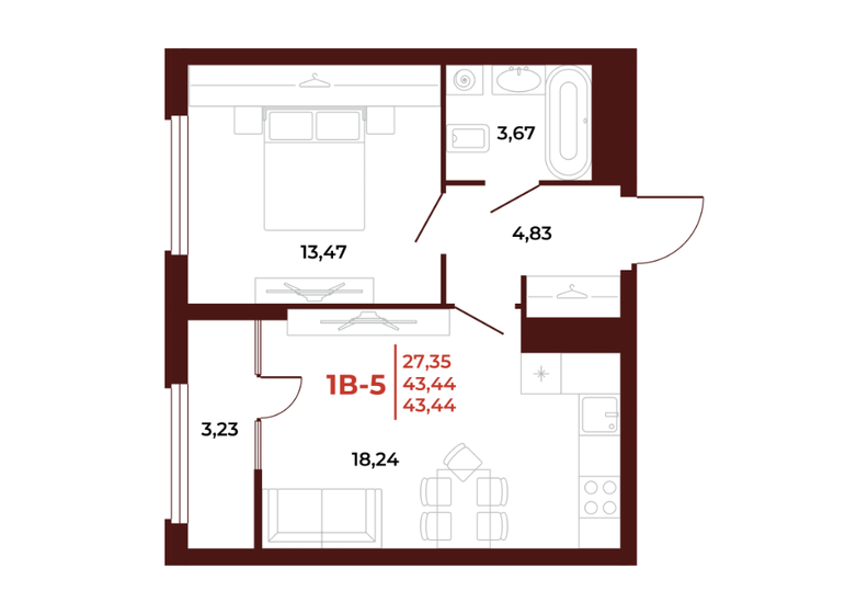 43,4 м², 1-комнатная квартира 4 995 600 ₽ - изображение 1