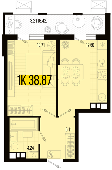 38,9 м², 1-комнатная квартира 4 244 604 ₽ - изображение 1