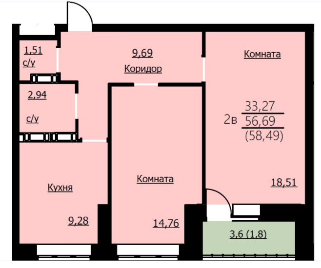 58,5 м², 2-комнатная квартира 5 205 610 ₽ - изображение 1