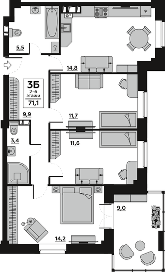 71,5 м², 3-комнатная квартира 8 700 000 ₽ - изображение 1